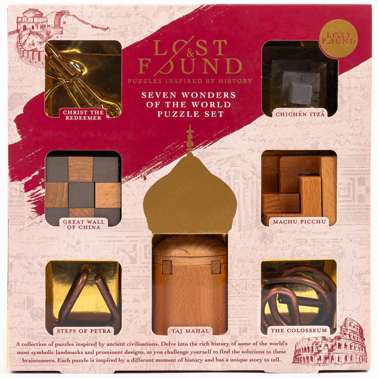 Professor Puzzle: Seven Wonders of the World Puzzle Set - 3D Handheld Brainteasers, 4 Wooden & 3 Metal, Landmark Challenges, Lost & Found Collection